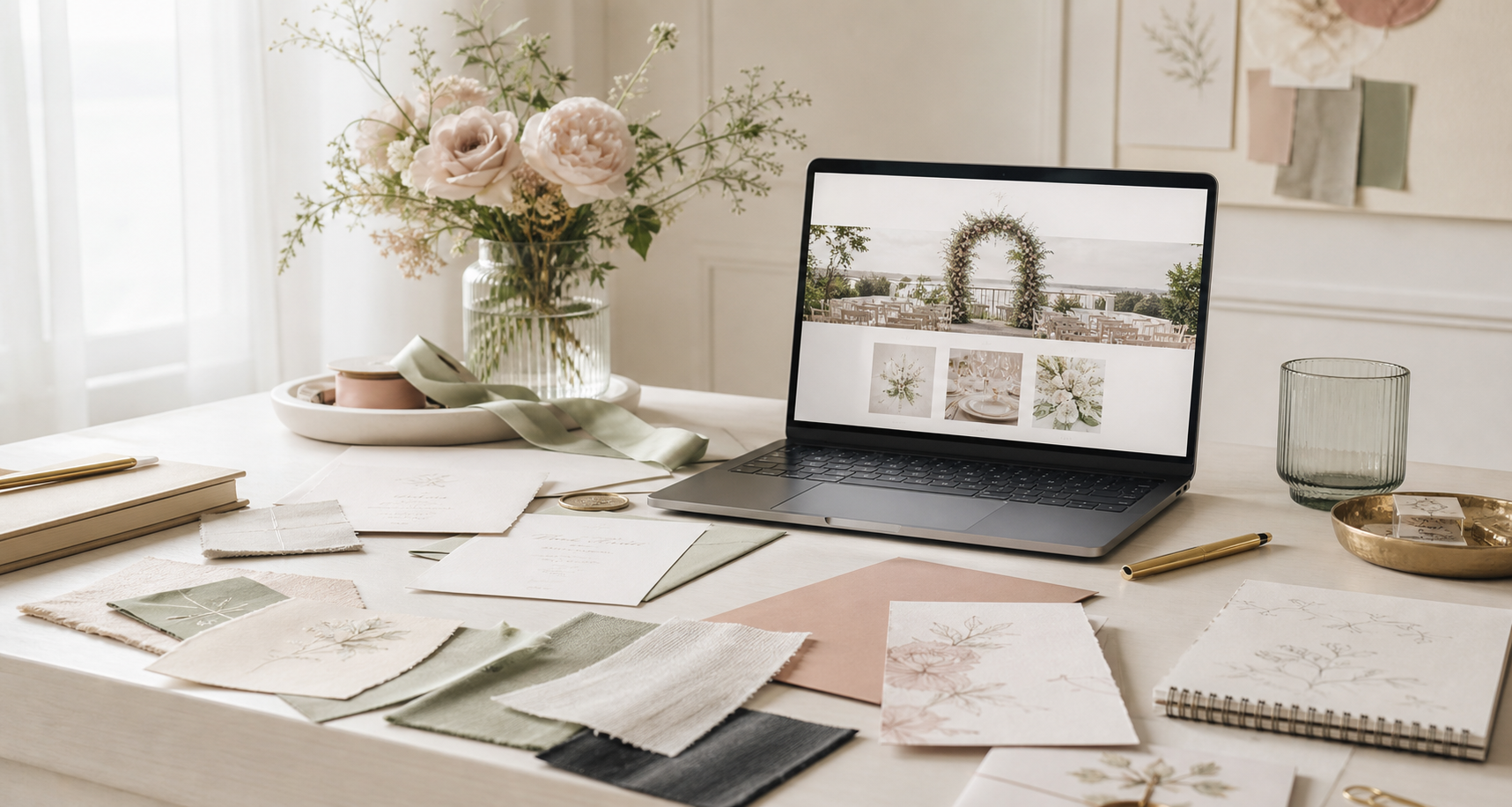 Mesa elegante de organización de bodas con portátil, invitaciones, flores y materiales de diseño